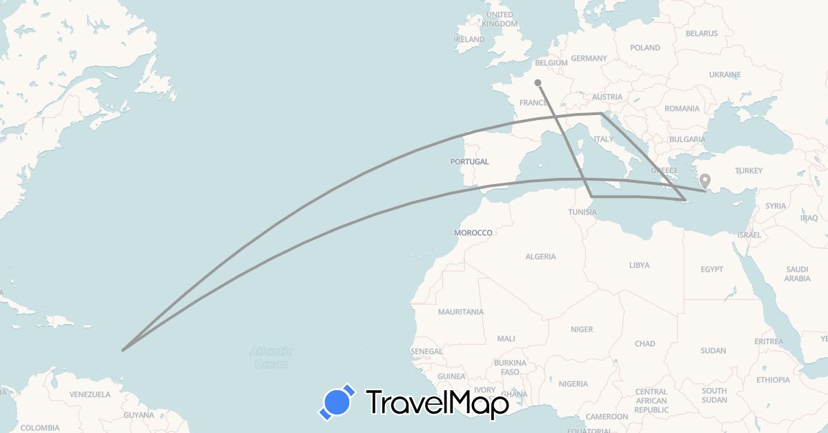TravelMap itinerary: driving, plane in France, Greece, Italy, Martinique, Tunisia (Africa, Europe, North America)